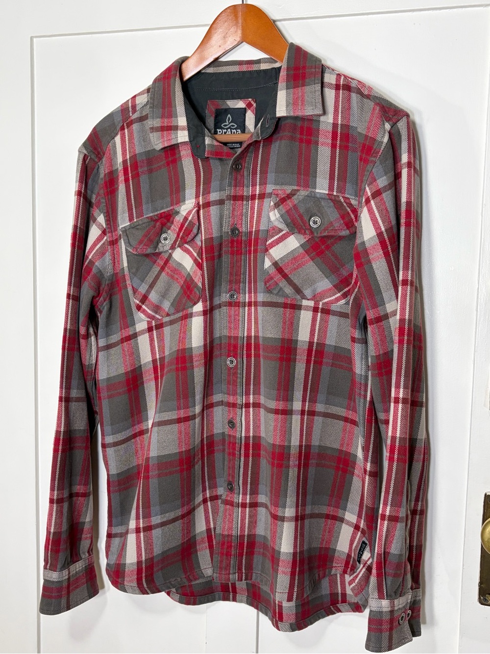 Prana Fall Winter Plaid Flannel Red and Gray Button-Down Shirt M